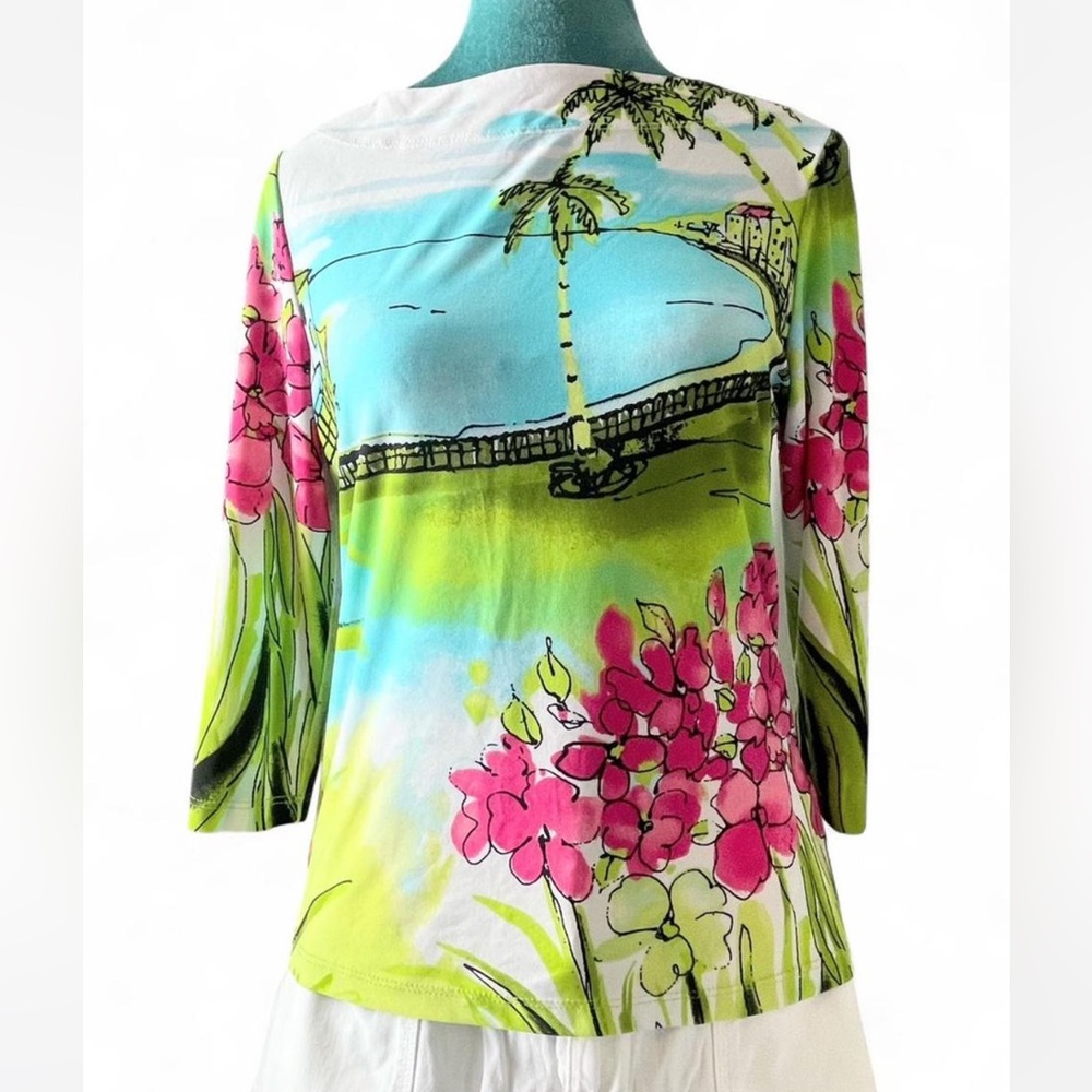 Investments Vibrant Floral and Palm Print 3/4 Sleeves Petite Fit Lightweight